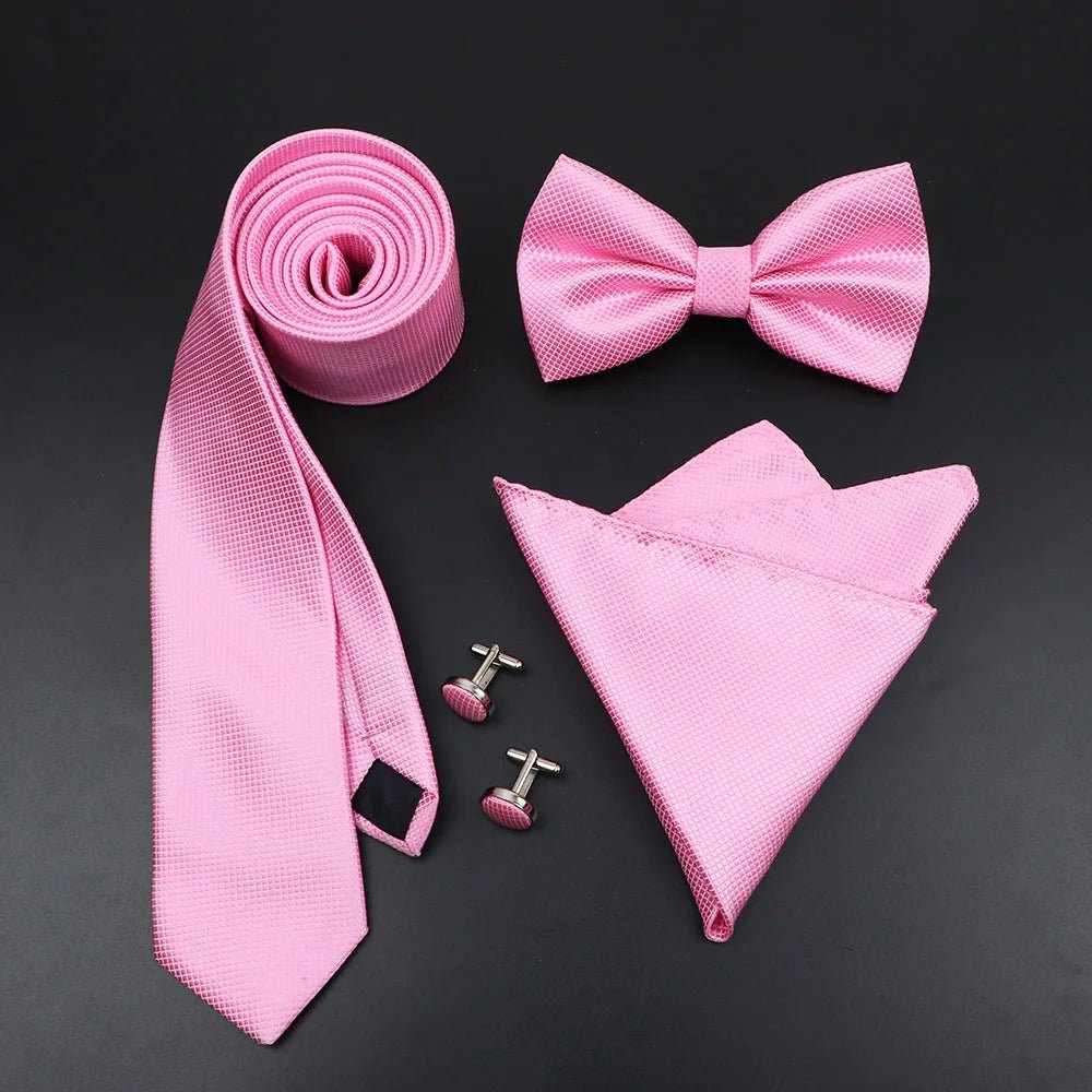 Luxury Men Ties Set Red Black Ties Soild Color NeckTie Pocket Square Cufflinks Brooch Tie Ring Set Men's Wedding Party Suit Gift - Luzilly Bridal & Apparel
