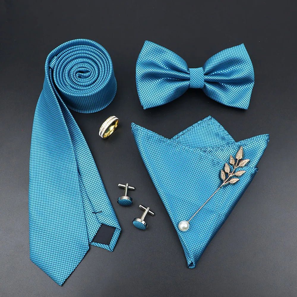 Luxury Men Ties Set Red Black Ties Soild Color NeckTie Pocket Square Cufflinks Brooch Tie Ring Set Men's Wedding Party Suit Gift - Luzilly Bridal & Apparel