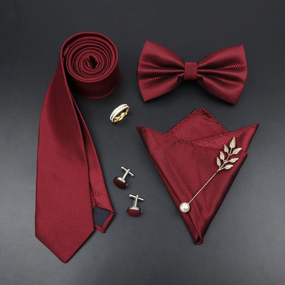 Luxury Men Ties Set Red Black Ties Soild Color NeckTie Pocket Square Cufflinks Brooch Tie Ring Set Men's Wedding Party Suit Gift - Luzilly Bridal & Apparel