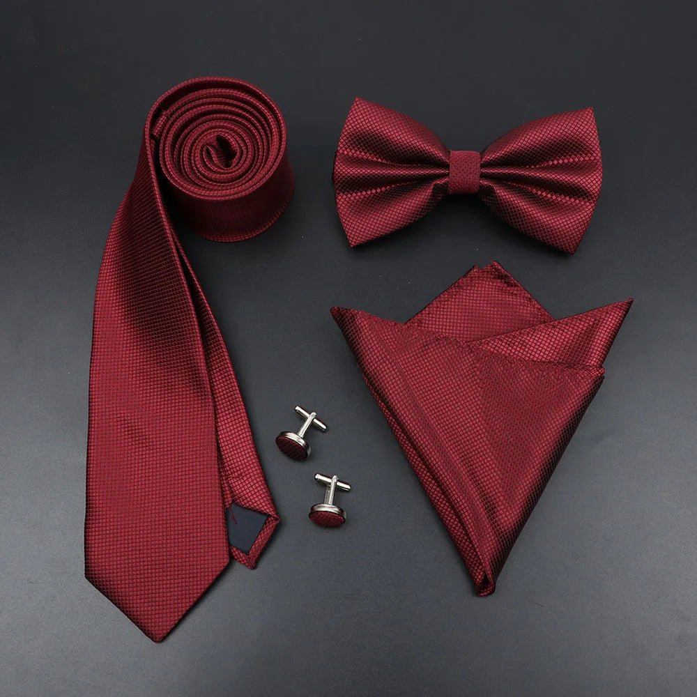 Luxury Men Ties Set Red Black Ties Soild Color NeckTie Pocket Square Cufflinks Brooch Tie Ring Set Men's Wedding Party Suit Gift - Luzilly Bridal & Apparel
