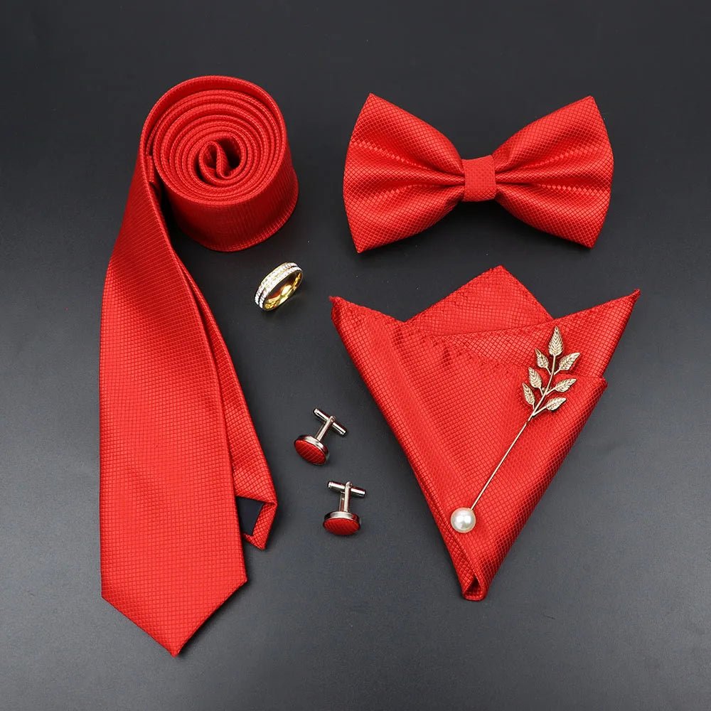 Luxury Men Ties Set Red Black Ties Soild Color NeckTie Pocket Square Cufflinks Brooch Tie Ring Set Men's Wedding Party Suit Gift - Luzilly Bridal & Apparel