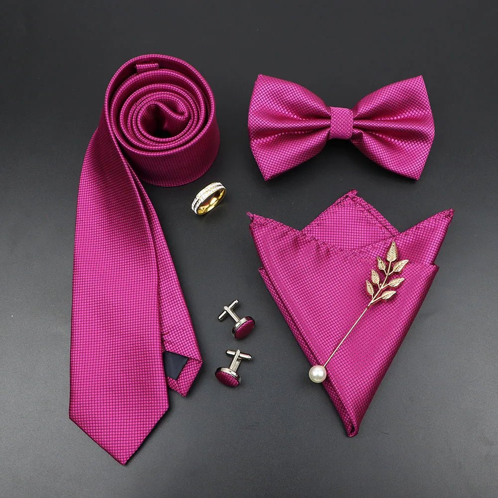 Luxury Men Ties Set Red Black Ties Soild Color NeckTie Pocket Square Cufflinks Brooch Tie Ring Set Men's Wedding Party Suit Gift - Luzilly Bridal & Apparel