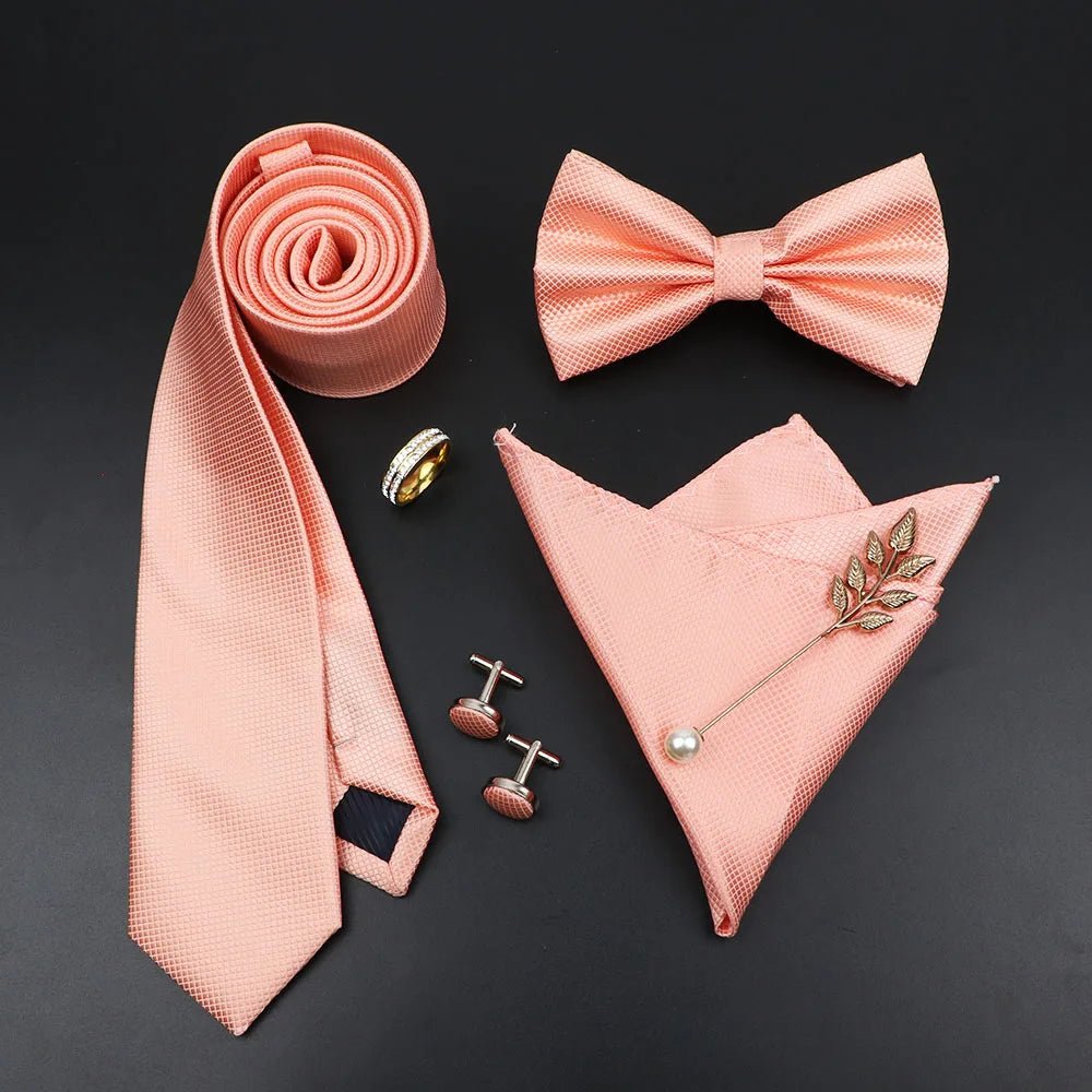 Luxury Men Ties Set Red Black Ties Soild Color NeckTie Pocket Square Cufflinks Brooch Tie Ring Set Men's Wedding Party Suit Gift - Luzilly Bridal & Apparel
