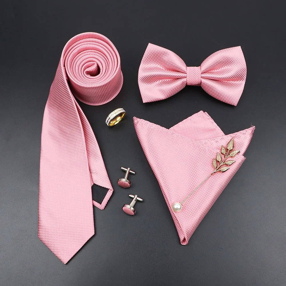 Luxury Men Ties Set Red Black Ties Soild Color NeckTie Pocket Square Cufflinks Brooch Tie Ring Set Men's Wedding Party Suit Gift - Luzilly Bridal & Apparel
