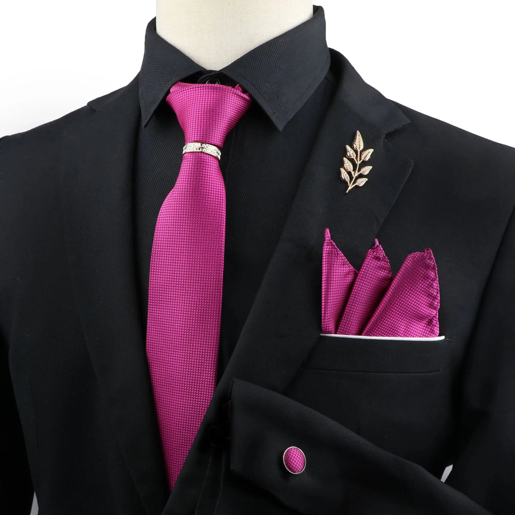 Luxury Men Ties Set Red Black Ties Soild Color NeckTie Pocket Square Cufflinks Brooch Tie Ring Set Men's Wedding Party Suit Gift - Luzilly Bridal & Apparel