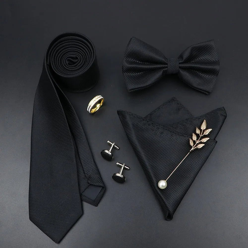 Luxury Men Ties Set Red Black Ties Soild Color NeckTie Pocket Square Cufflinks Brooch Tie Ring Set Men's Wedding Party Suit Gift - Luzilly Bridal & Apparel