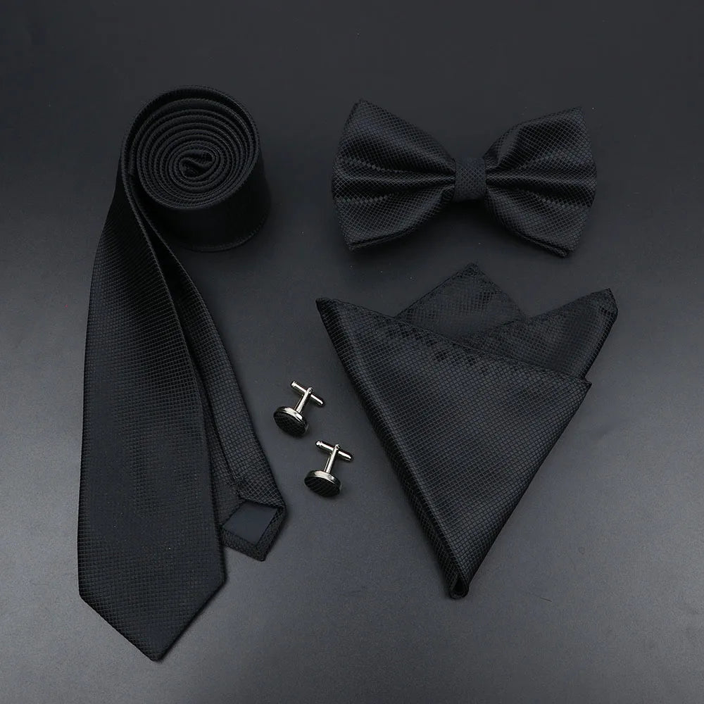 Luxury Men Ties Set Red Black Ties Soild Color NeckTie Pocket Square Cufflinks Brooch Tie Ring Set Men's Wedding Party Suit Gift - Luzilly Bridal & Apparel
