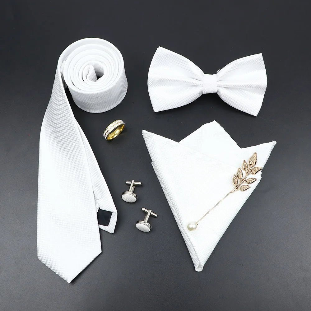Luxury Men Ties Set Red Black Ties Soild Color NeckTie Pocket Square Cufflinks Brooch Tie Ring Set Men's Wedding Party Suit Gift - Luzilly Bridal & Apparel