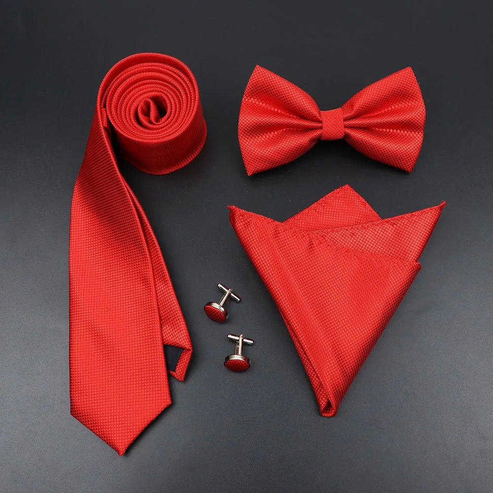 Luxury Men Ties Set Red Black Ties Soild Color NeckTie Pocket Square Cufflinks Brooch Tie Ring Set Men's Wedding Party Suit Gift - Luzilly Bridal & Apparel