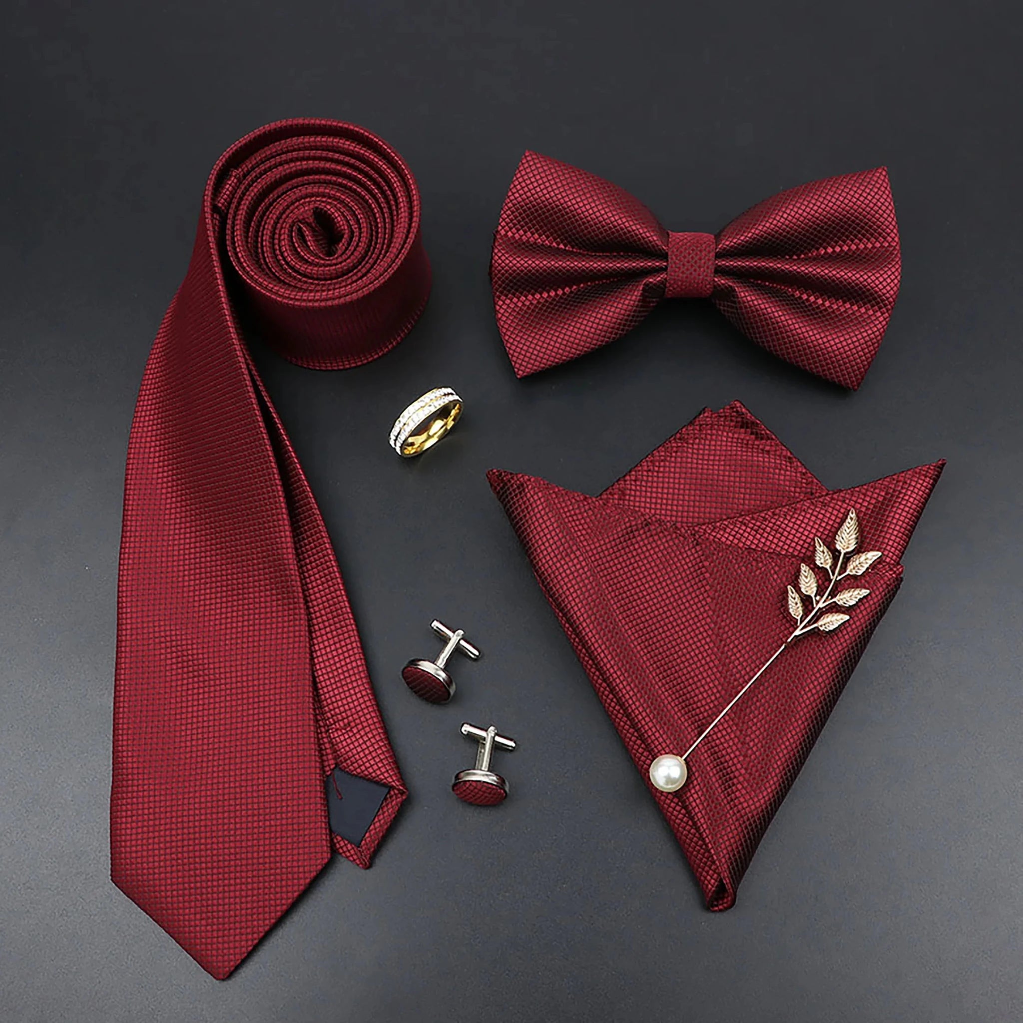 Luxury Men Ties Set Red Black Ties Soild Color NeckTie Pocket Square Cufflinks Brooch Tie Ring Set Men's Wedding Party Suit Gift - Luzilly Bridal & Apparel