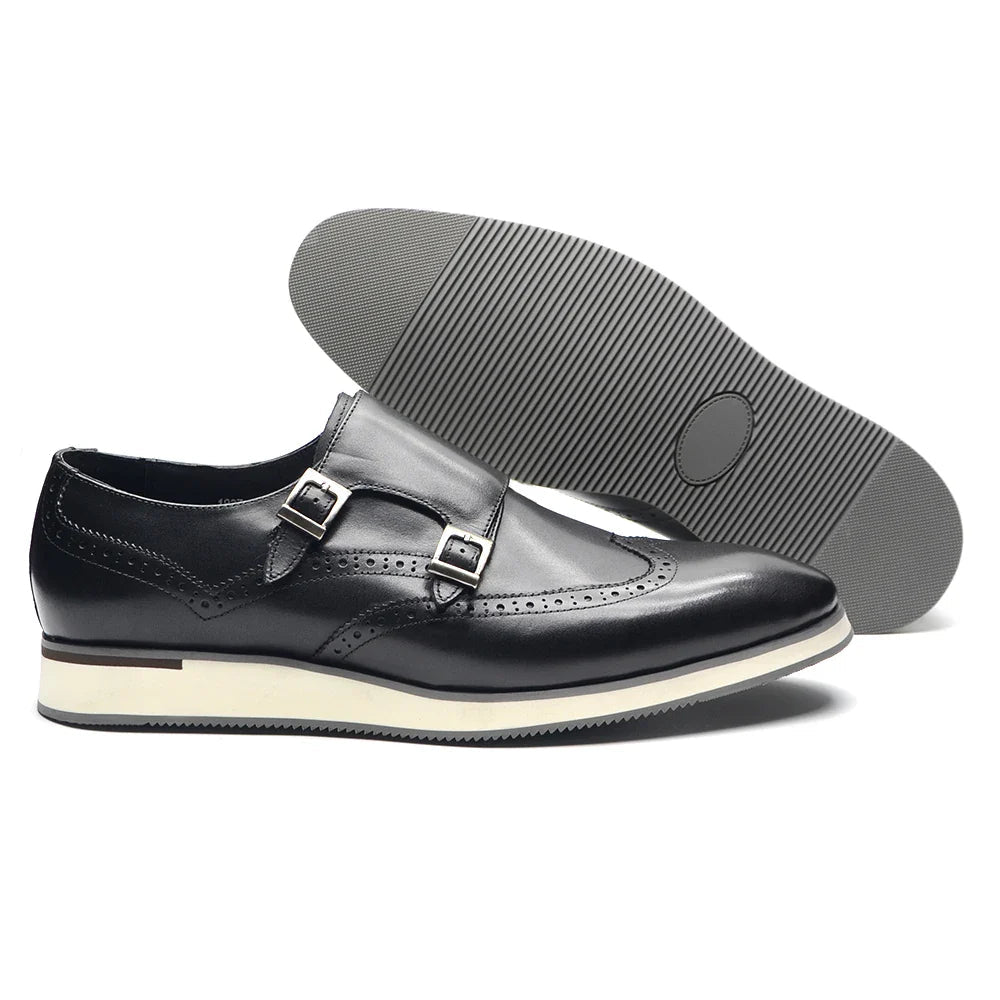 Luxury Men's Double Buckle Monk Strap Flats | Genuine Leather Casual Walk Shoes (Dark Brown, Black) - Luzilly Bridal & Apparel