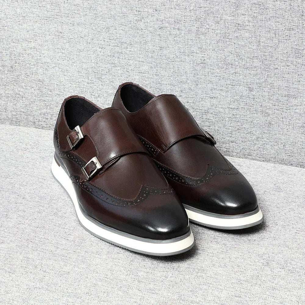 Luxury Men's Double Buckle Monk Strap Flats | Genuine Leather Casual Walk Shoes (Dark Brown, Black) - Luzilly Bridal & Apparel