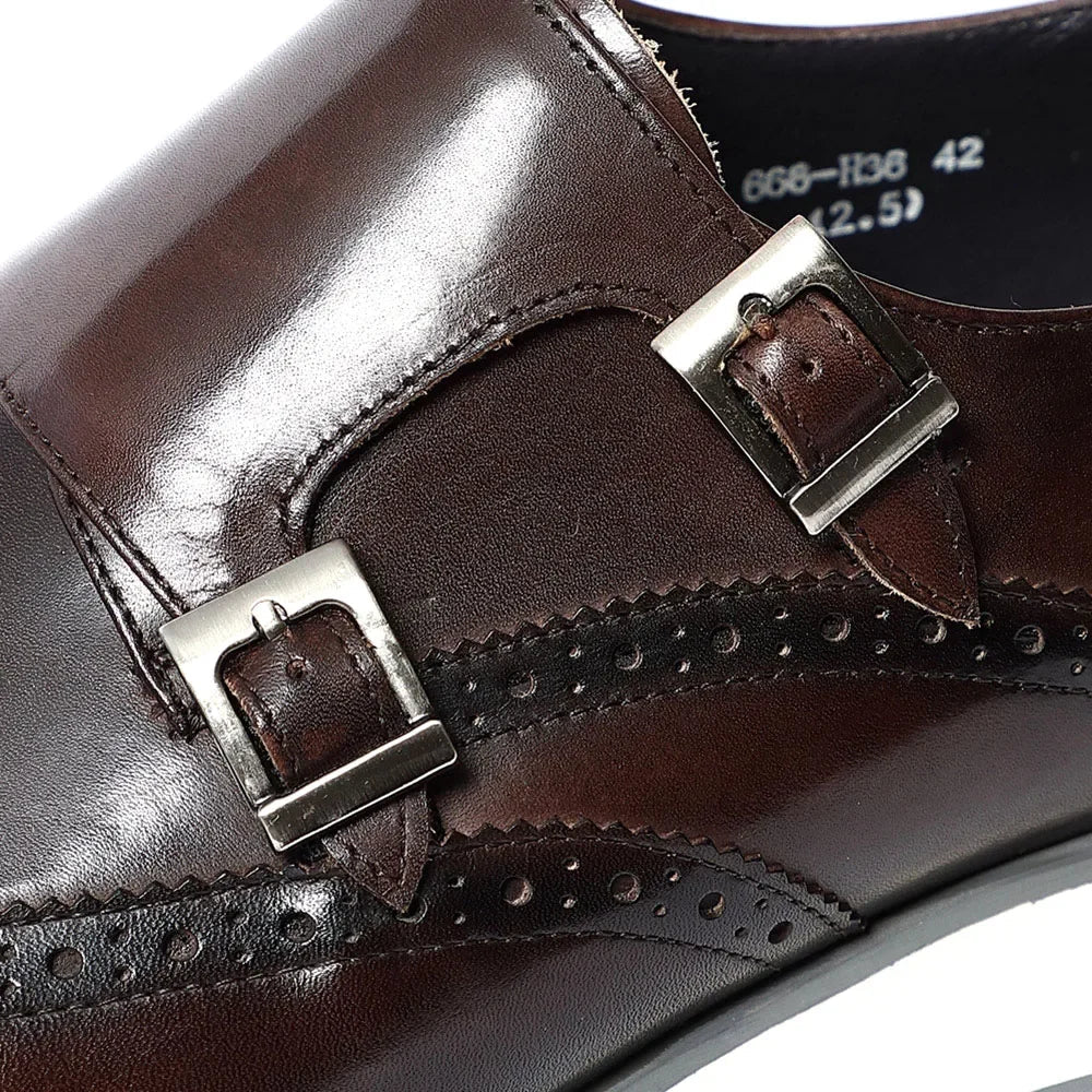 Luxury Men's Double Buckle Monk Strap Flats | Genuine Leather Casual Walk Shoes (Dark Brown, Black) - Luzilly Bridal & Apparel