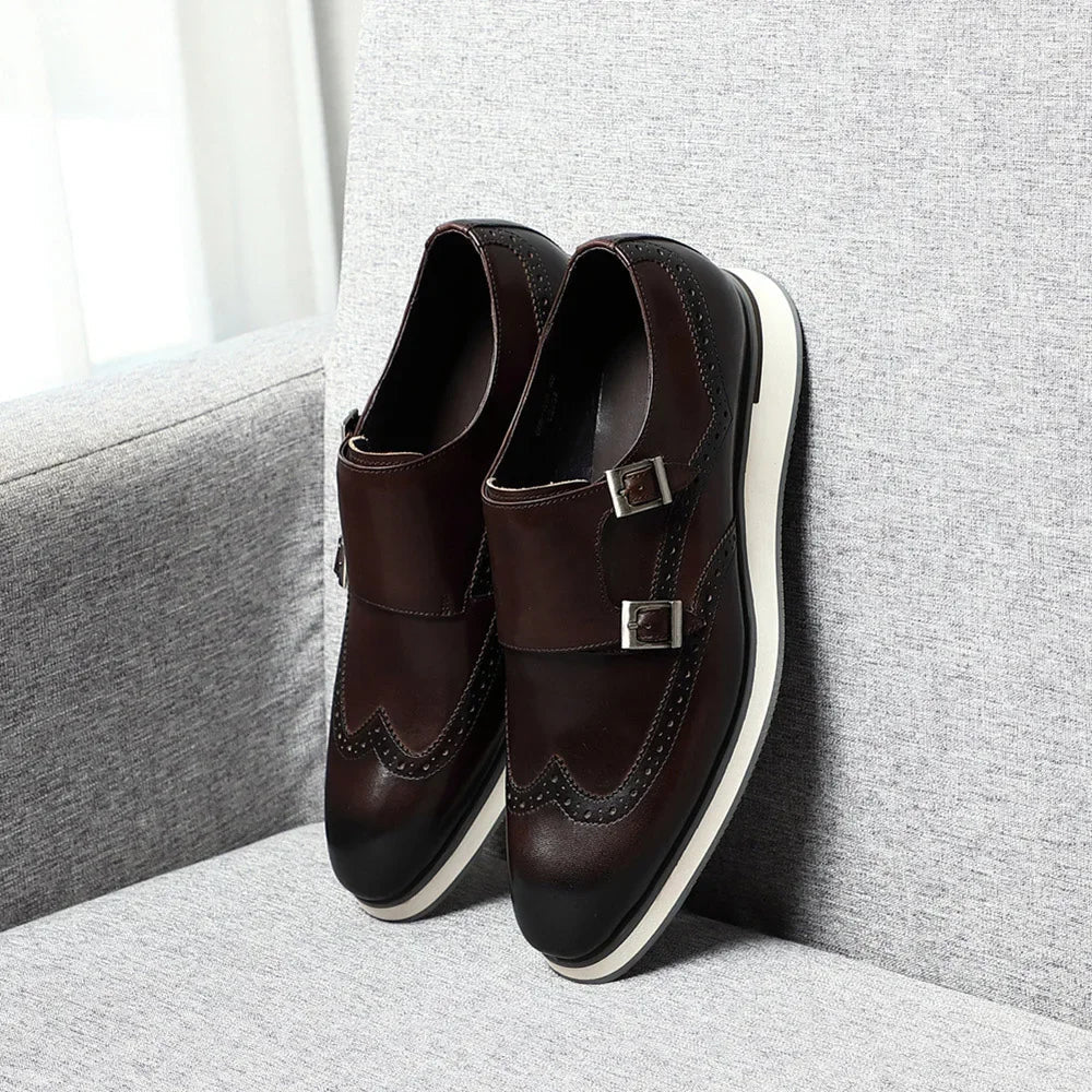 Luxury Men's Double Buckle Monk Strap Flats | Genuine Leather Casual Walk Shoes (Dark Brown, Black) - Luzilly Bridal & Apparel