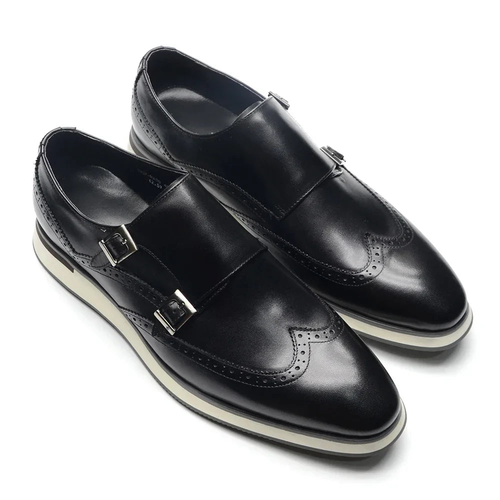 Luxury Men's Double Buckle Monk Strap Flats | Genuine Leather Casual Walk Shoes (Dark Brown, Black) - Luzilly Bridal & Apparel