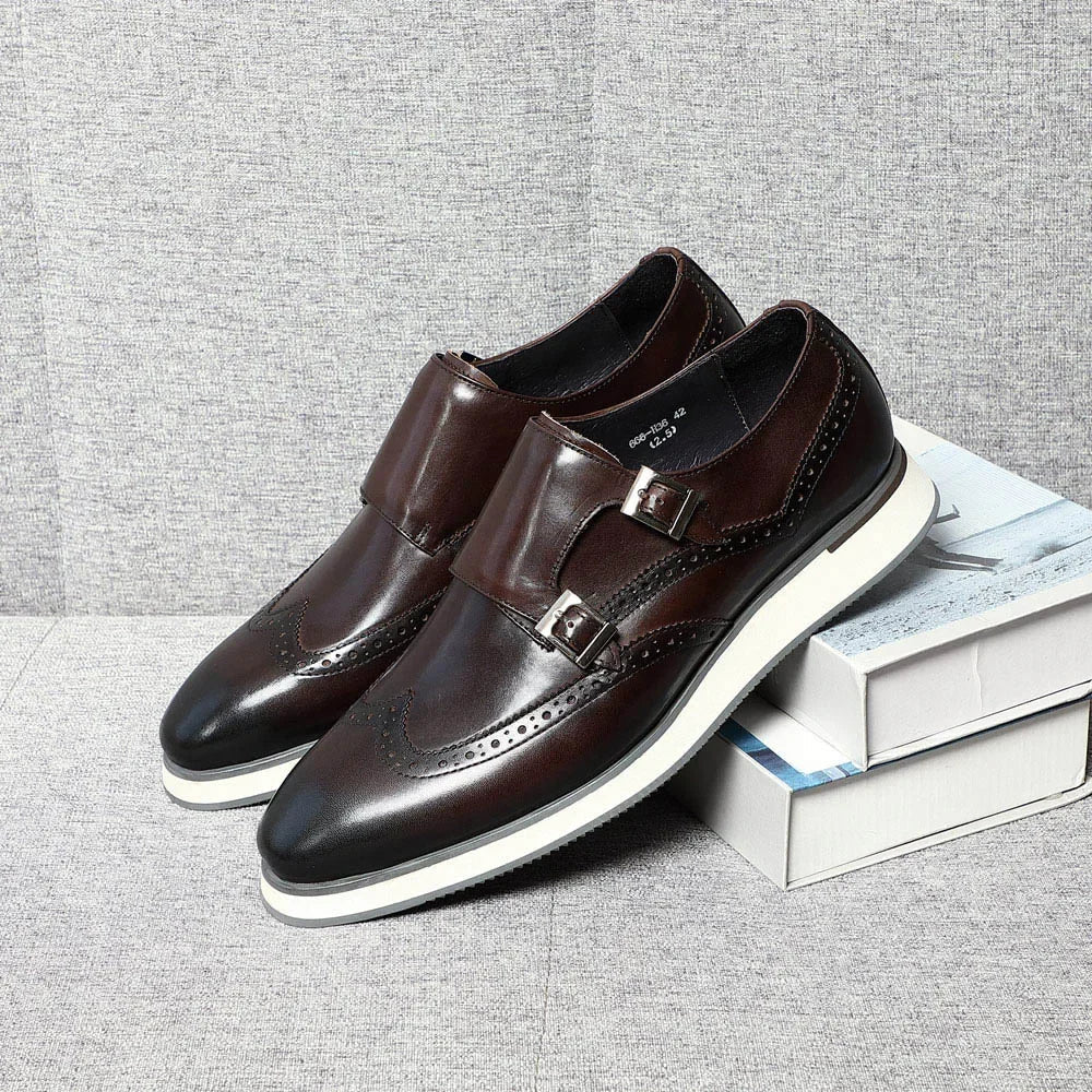 Luxury Men's Double Buckle Monk Strap Flats | Genuine Leather Casual Walk Shoes (Dark Brown, Black) - Luzilly Bridal & Apparel
