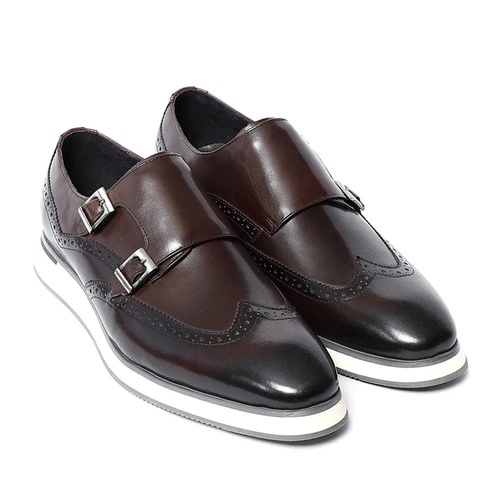 Luxury Men's Double Buckle Monk Strap Flats | Genuine Leather Casual Walk Shoes (Dark Brown, Black) - Luzilly Bridal & Apparel