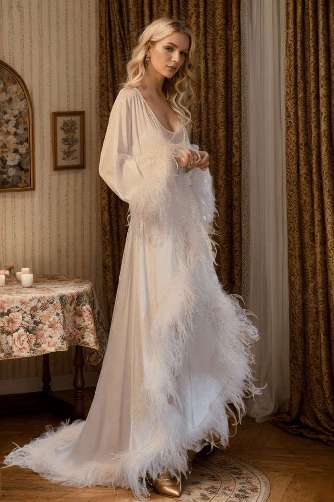 Luxury Ostrich Feather Satin Bridal Robe – White/Ivory Train, Holiday Photoshoot Gift - Luzilly Bridal & Apparel