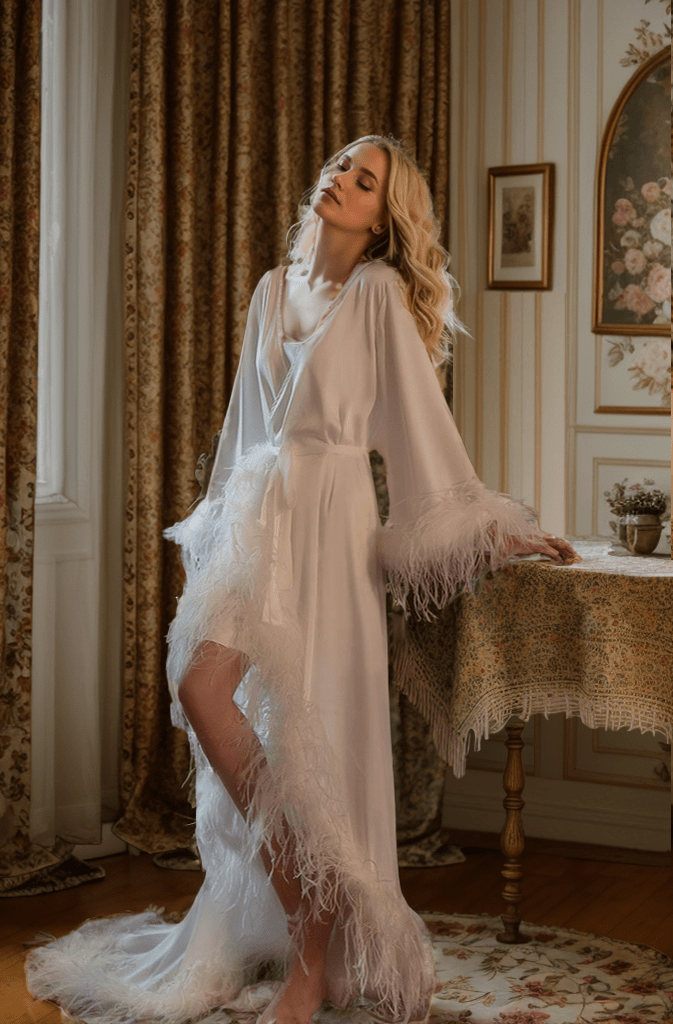 Luxury Ostrich Feather Satin Bridal Robe – White/Ivory Train, Holiday Photoshoot Gift - Luzilly Bridal & Apparel