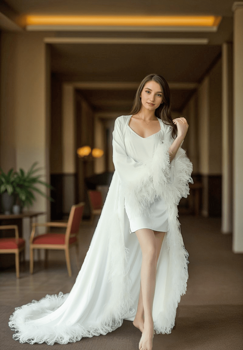 Luxury Ostrich Feather Satin Bridal Robe – White/Ivory Train, Holiday Photoshoot Gift - Luzilly Bridal & Apparel