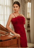 Luxury Ostrich Feather Silky Satin Long Nightgown - Luzilly Bridal & Apparel