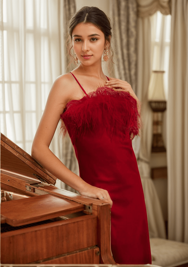 Luxury Ostrich Feather Silky Satin Long Nightgown - Luzilly Bridal & Apparel