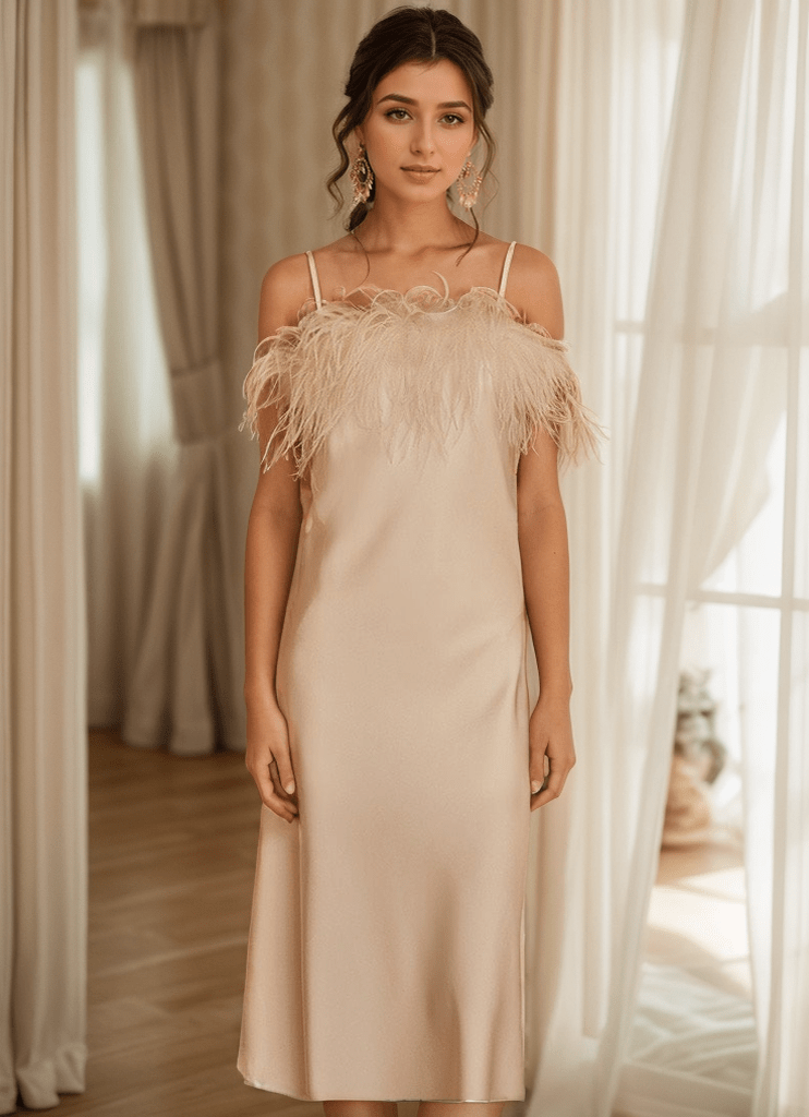 Luxury Ostrich Feather Silky Satin Long Nightgown - Luzilly Bridal & Apparel