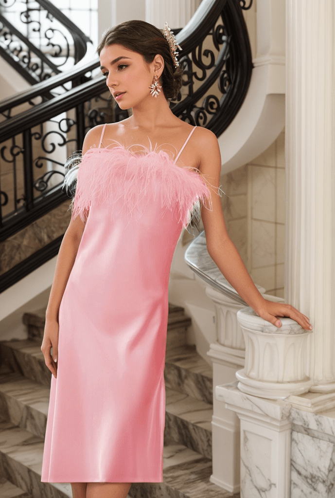 Luxury Ostrich Feather Silky Satin Long Nightgown - Luzilly Bridal & Apparel