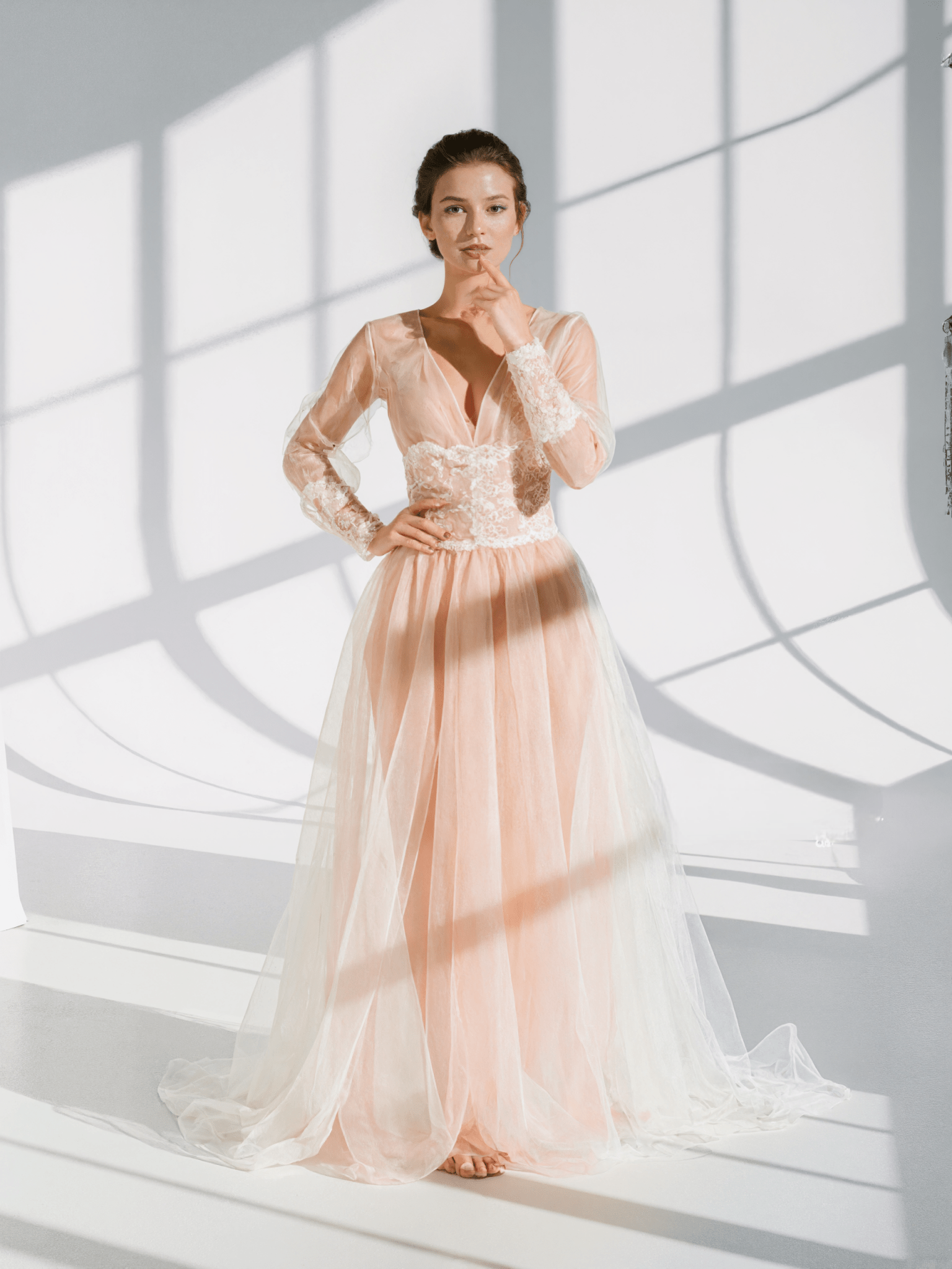 Luxury Peach Pink Sheer Lace Corset Robe Dress | Long Sleeve Bridal Boudoir Gown with Tulle Skirt - Luzilly Bridal & Apparel