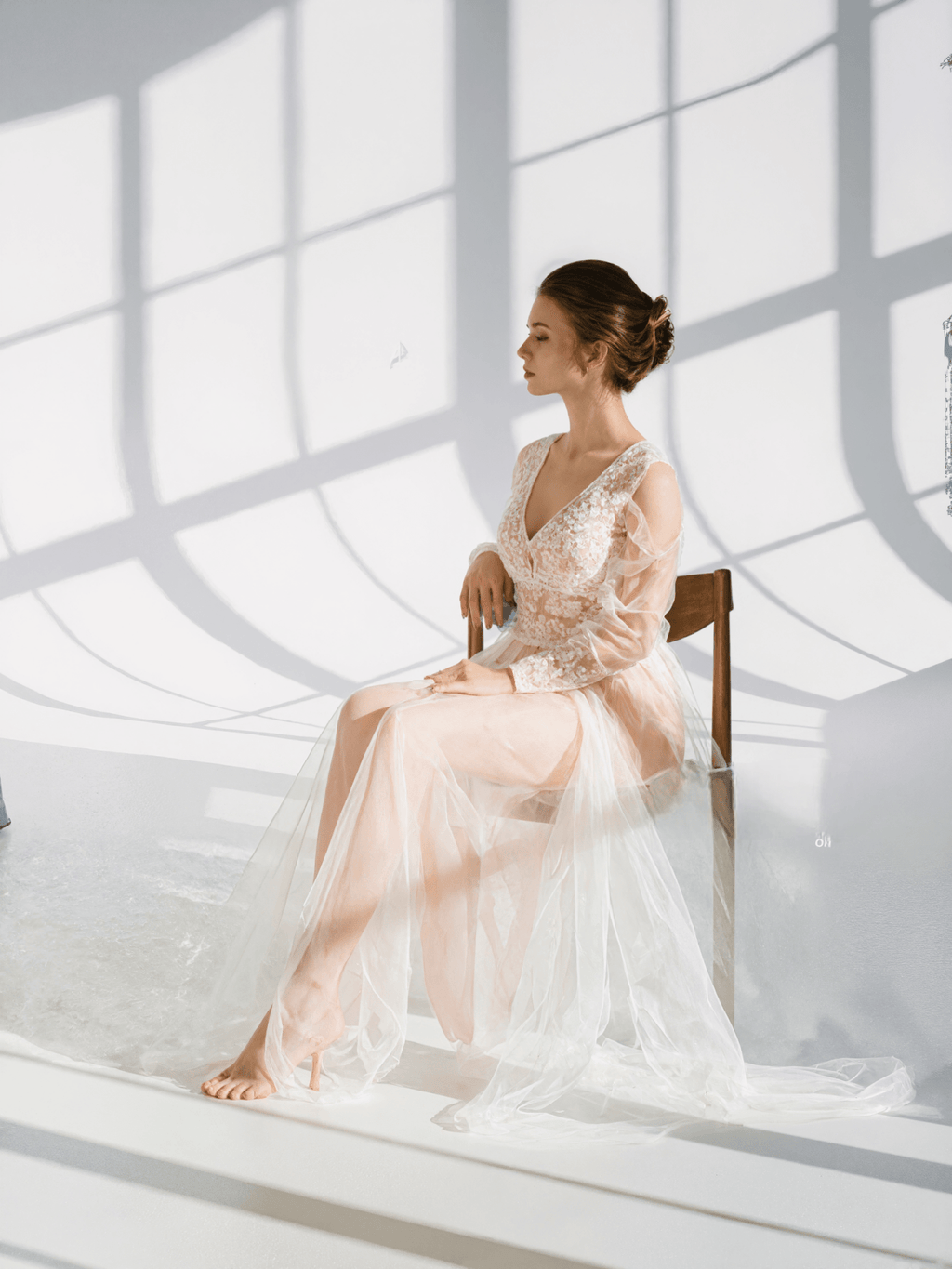 Luxury Peach Pink Sheer Lace Corset Robe Dress | Long Sleeve Bridal Boudoir Gown with Tulle Skirt - Luzilly Bridal & Apparel