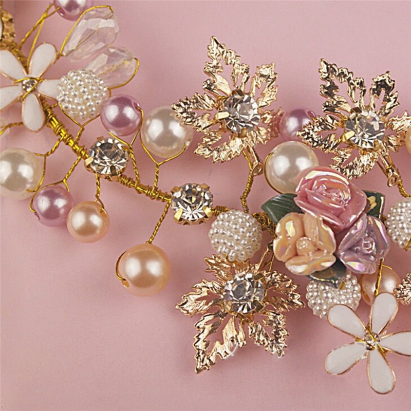 Luxury Pink Gold Pearl Bridal Crowns Handmade Tiara Bride Headband Crystal Wedding Diadem Queen Crown Wedding Hair Accessories - Luzilly Bridal & Apparel