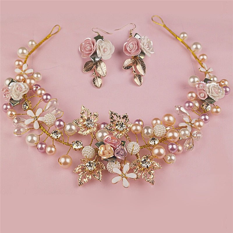 Luxury Pink Gold Pearl Bridal Crowns Handmade Tiara Bride Headband Crystal Wedding Diadem Queen Crown Wedding Hair Accessories - Luzilly Bridal & Apparel