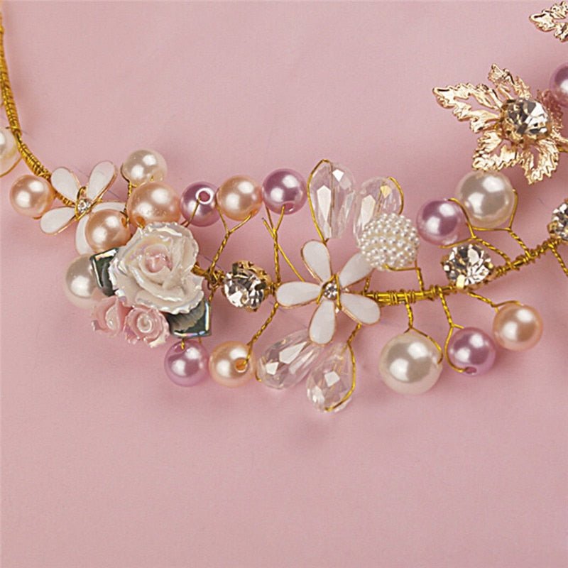 Luxury Pink Gold Pearl Bridal Crowns Handmade Tiara Bride Headband Crystal Wedding Diadem Queen Crown Wedding Hair Accessories - Luzilly Bridal & Apparel