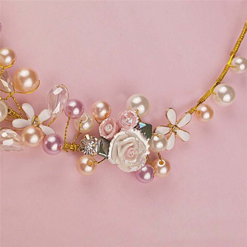 Luxury Pink Gold Pearl Bridal Crowns Handmade Tiara Bride Headband Crystal Wedding Diadem Queen Crown Wedding Hair Accessories - Luzilly Bridal & Apparel