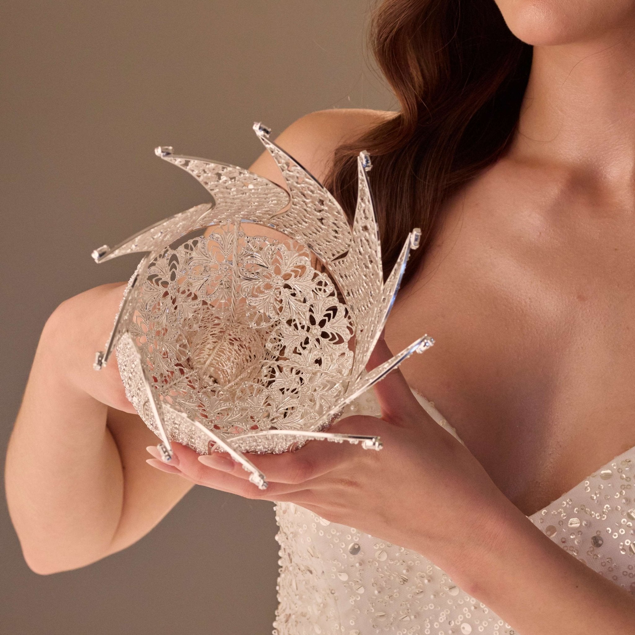 Luxury Quinceañera & Wedding Bouquet Holder – Silver Carved Flowers & Crystal Stones - Luzilly Bridal & Apparel