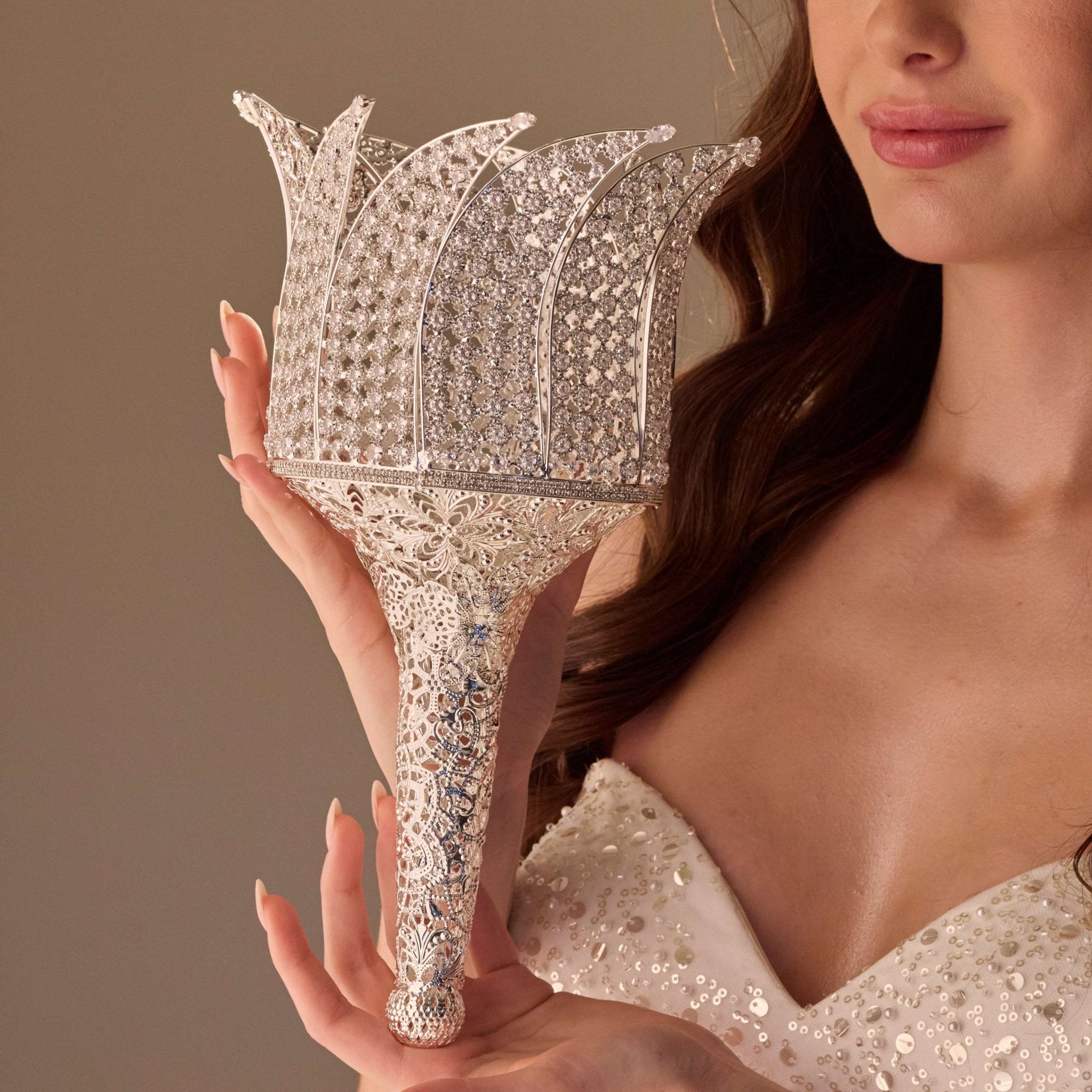 Luxury Quinceañera & Wedding Bouquet Holder – Silver Carved Flowers & Crystal Stones - Luzilly Bridal & Apparel