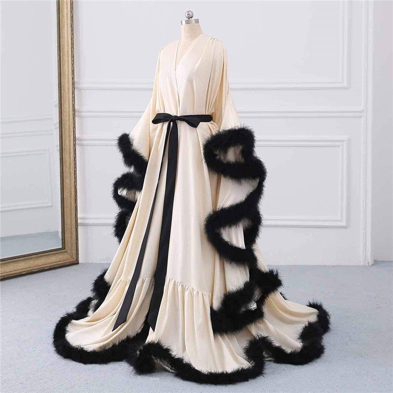 Luxury Satin Feather Bridal Robe | Victorian Style Wedding & Photoshoot Robe - Luzilly Bridal & Apparel