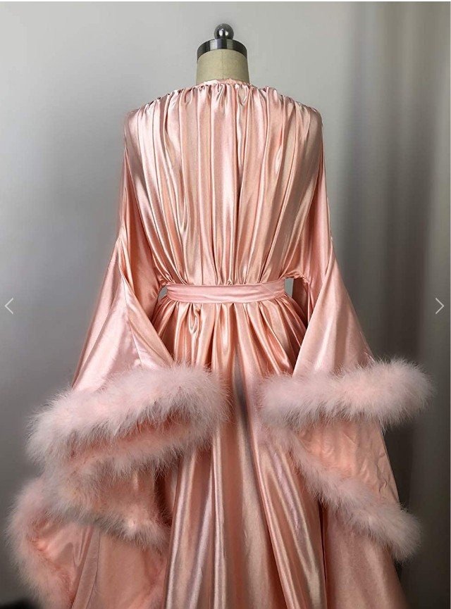 Luxury Satin Feather Bridal Robe | Victorian Style Wedding & Photoshoot Robe - Luzilly Bridal & Apparel