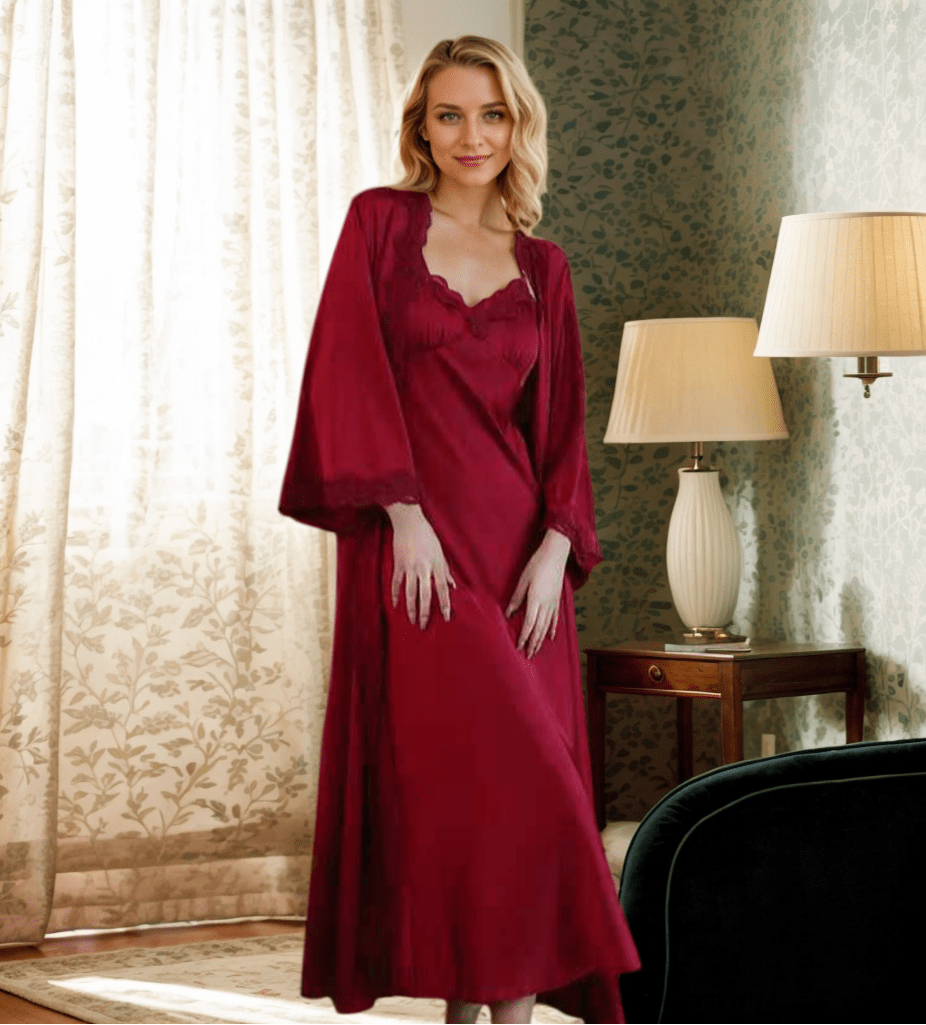 Luxury Satin & Lace Long Nightgown with Robe – Elegant Loungewear - Luzilly Bridal & Apparel