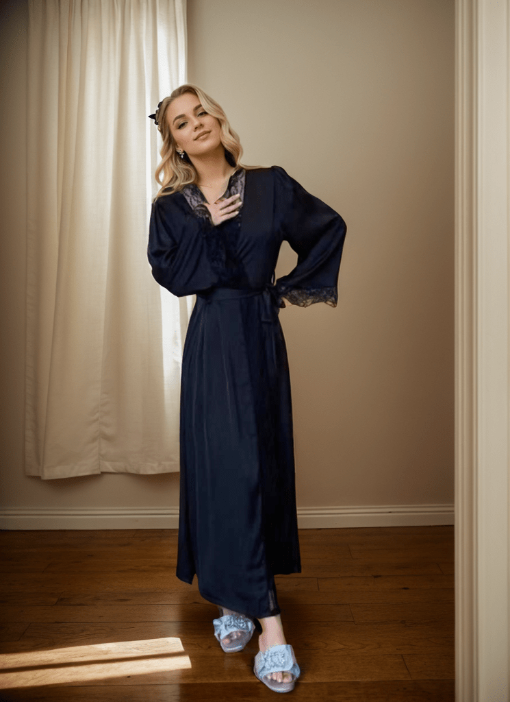 Luxury Satin & Lace Long Nightgown with Robe – Elegant Loungewear - Luzilly Bridal & Apparel