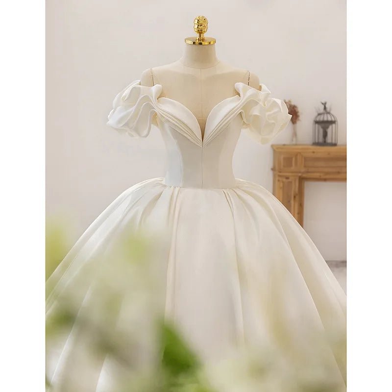 Luxury Satin V-Neck Short Sleeve Wedding Dress EDW459 - Luzilly Bridal & Apparel