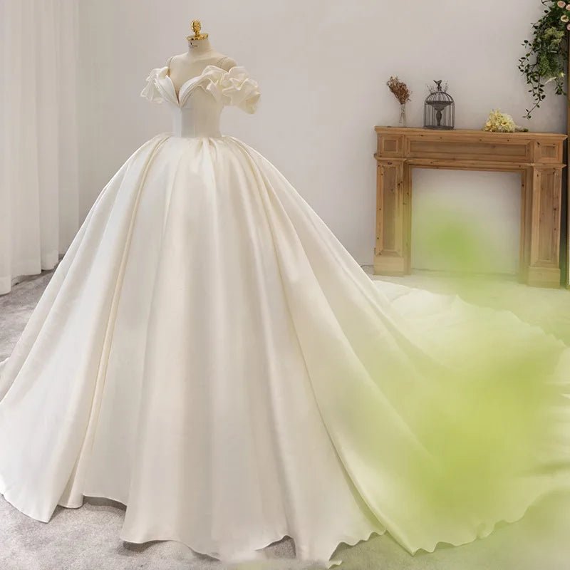 Luxury Satin V-Neck Short Sleeve Wedding Dress EDW459 - Luzilly Bridal & Apparel