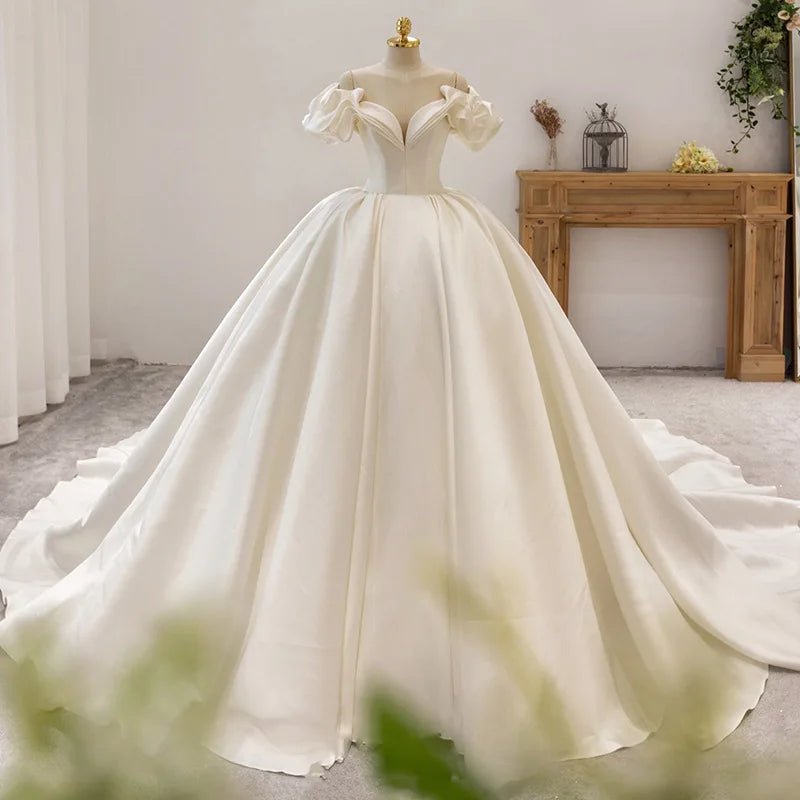 Luxury Satin V-Neck Short Sleeve Wedding Dress EDW459 - Luzilly Bridal & Apparel