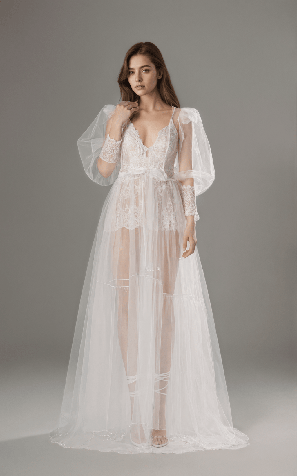 Luxury Sheer Lace Tulle Long Robe with Puff Sleeves | Bridal Boudoir Getting Ready Gown - Luzilly Bridal & Apparel