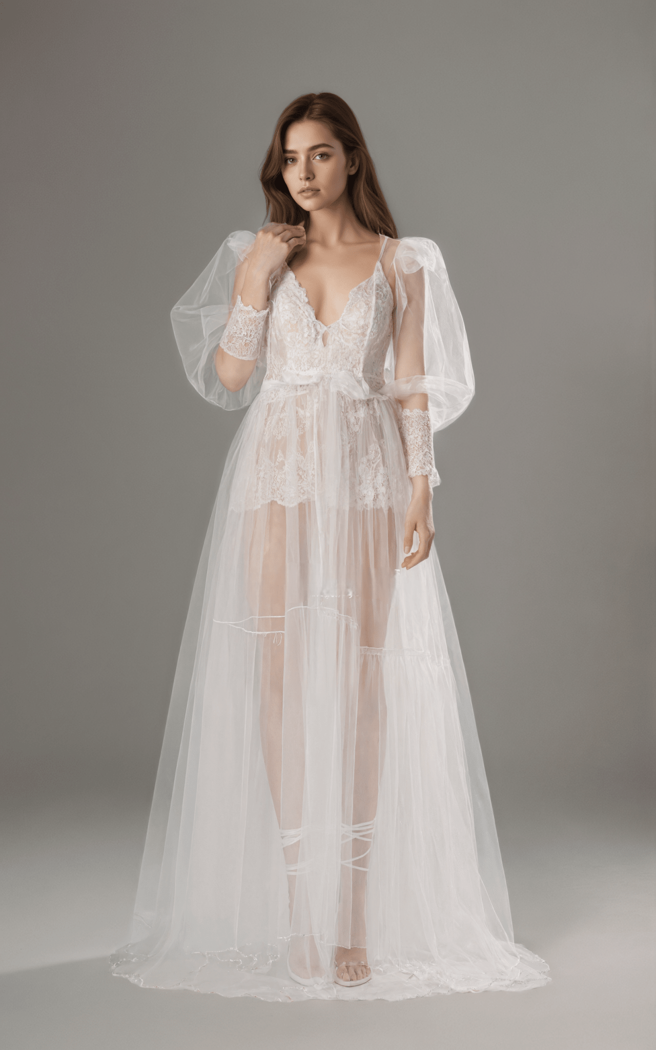 Luxury Sheer Lace Tulle Long Robe with Puff Sleeves | Bridal Boudoir Getting Ready Gown - Luzilly Bridal & Apparel