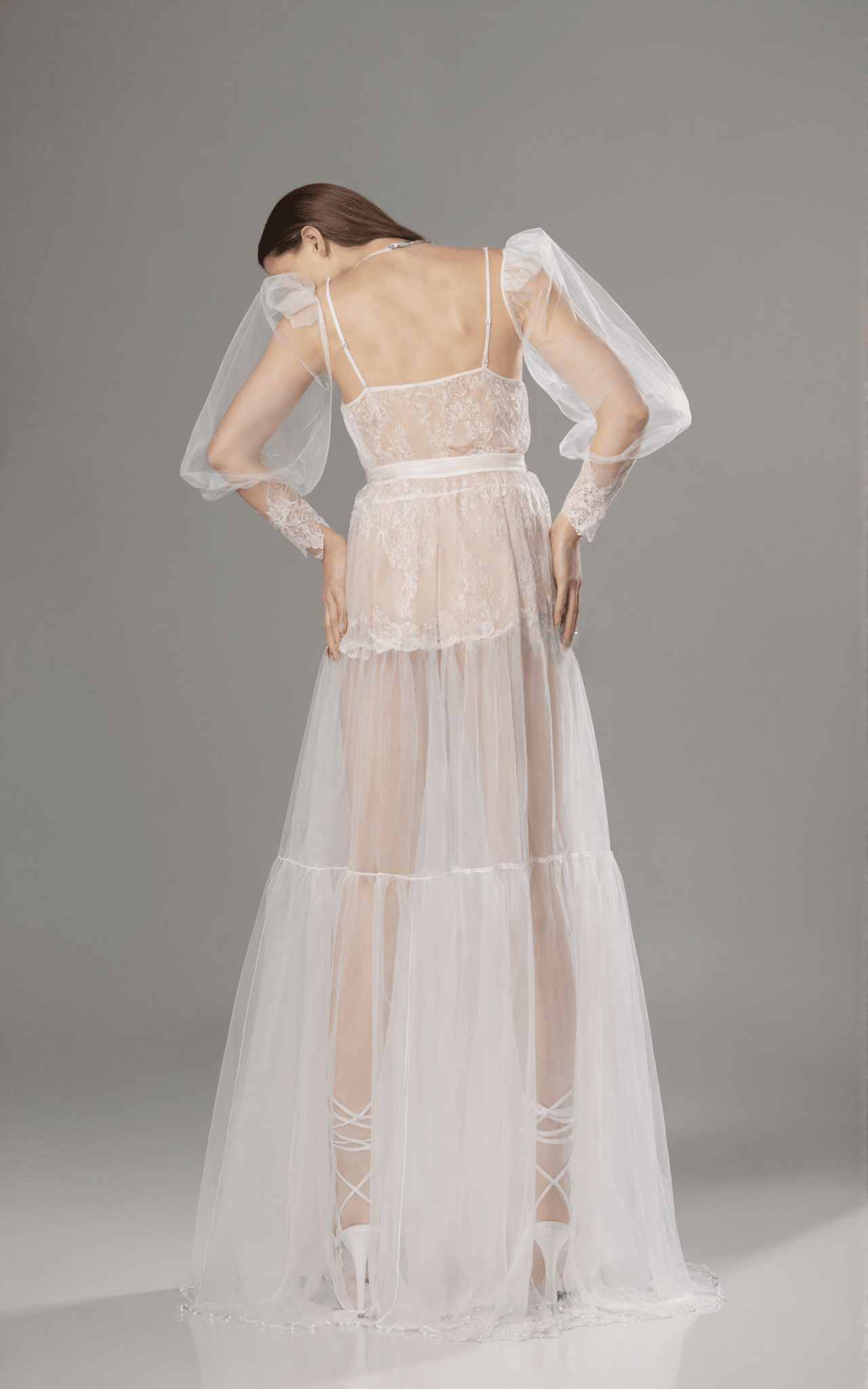 Luxury Sheer Lace Tulle Long Robe with Puff Sleeves | Bridal Boudoir Getting Ready Gown - Luzilly Bridal & Apparel
