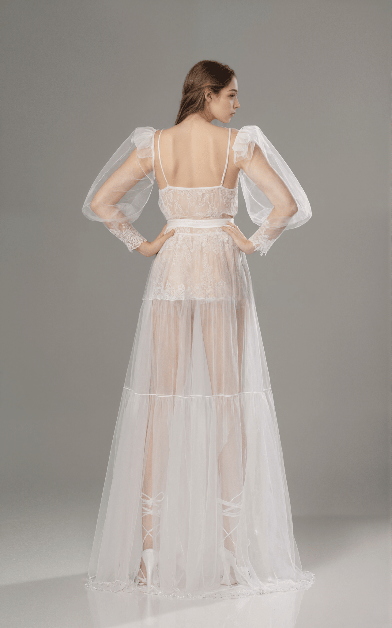 Luxury Sheer Lace Tulle Long Robe with Puff Sleeves | Bridal Boudoir Getting Ready Gown - Luzilly Bridal & Apparel