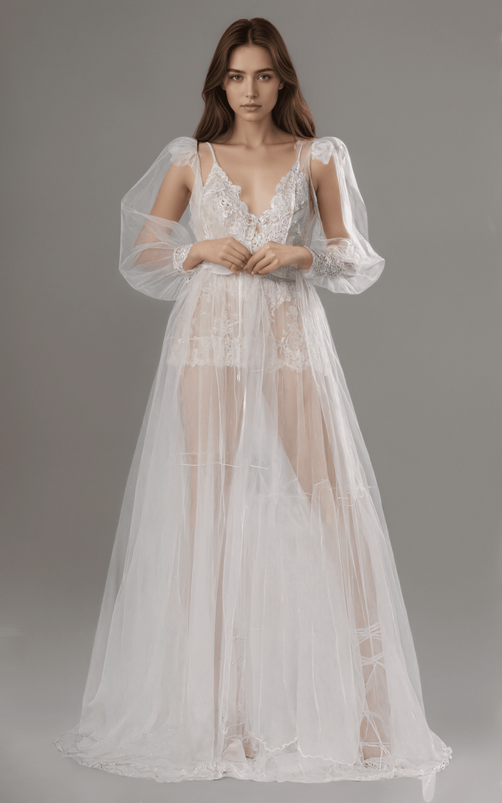 Luxury Sheer Lace Tulle Long Robe with Puff Sleeves | Bridal Boudoir Getting Ready Gown - Luzilly Bridal & Apparel