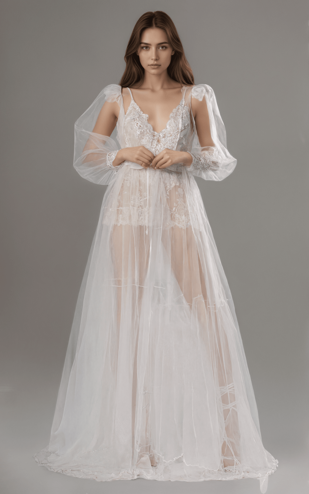 Luxury Sheer Lace Tulle Long Robe with Puff Sleeves | Bridal Boudoir Getting Ready Gown - Luzilly Bridal & Apparel