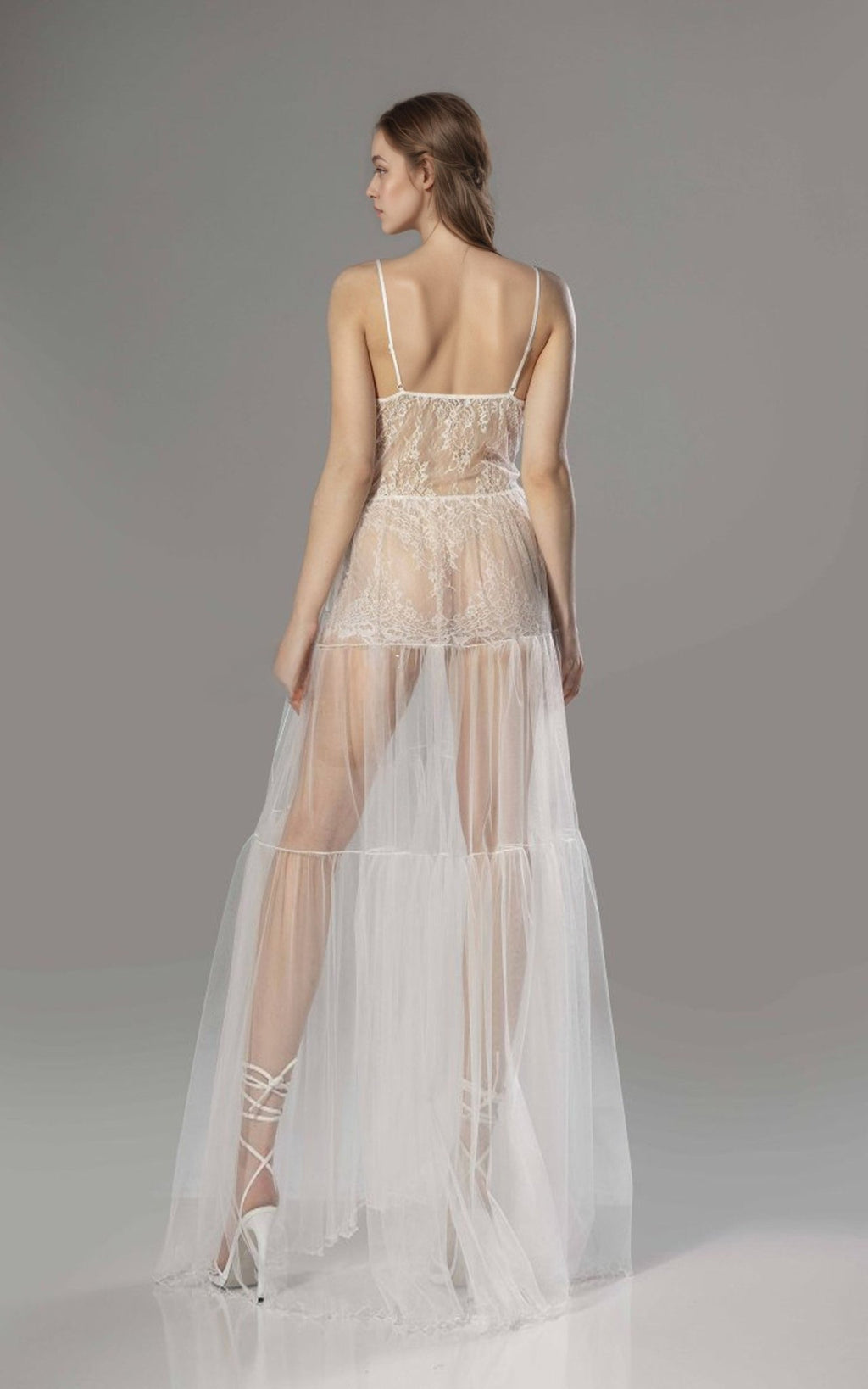 Luxury Sheer Lace Tulle Long Robe with Puff Sleeves | Bridal Boudoir Getting Ready Gown - Luzilly Bridal & Apparel